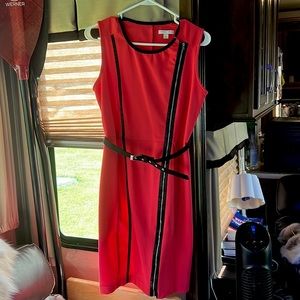 New York & Company Stretch Pink Dress Black Side Zipper Black Belt Size Small